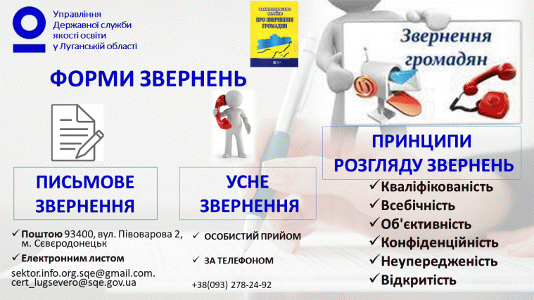 Інформація щодо звернення громадян до Управління Державної служби якості освіти у Луганській області