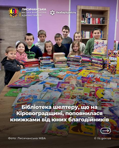 Бібліотеку лисичанського шелтера на Кіровоградщині поповнили книжками від юних благодійників