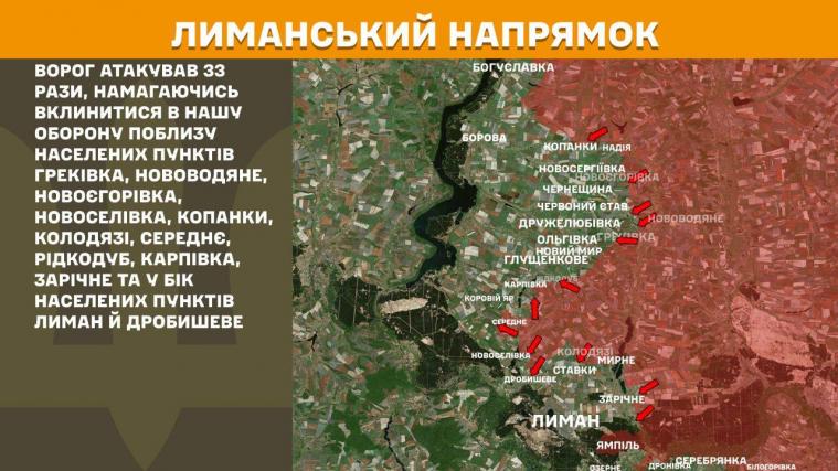 Ворог атакував поблизу трьох сіл Луганщини 33 рази на Лиманському, 8 - на Слов’янському напрямку атакували окупанти минулої доби. Про це повідомляє Генеральний штаб ЗСУ. На Лиманському напрямку ворог атакував, намагаючись вклинитися в оборону українських військ, зокрема, поблизу населених пунктів Греківка, Нововодяне та Новоєгорівка на Луганщині. На Слов’янському напрямку Сили оборони зупинили наступальні дії загарбників в районах Сіверська та Дронівки. Загалом протягом ми Ворог атакував поблизу трьох сіл Луганщини 33 рази на Лиманському, 8 - на Слов’янському напрямку атакували окупанти минулої доби. Про це повідомляє Генеральний штаб ЗСУ. На Лиманському напрямку ворог атакував, намагаючись вклинитися в оборону українських військ, зокрема, поблизу населених пунктів Греківка, Нововодяне та Новоєгорівка на Луганщині. На Слов’янському напрямку Сили оборони зупинили наступальні дії загарбників в районах Сіверська та Дронівки. Загалом протягом ми