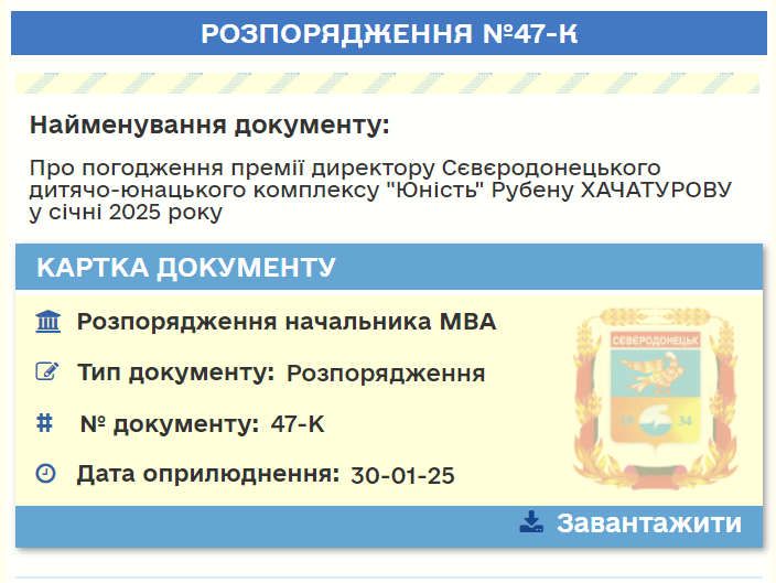 Директору сіверськодонецької “Юності” погодили премію за січень