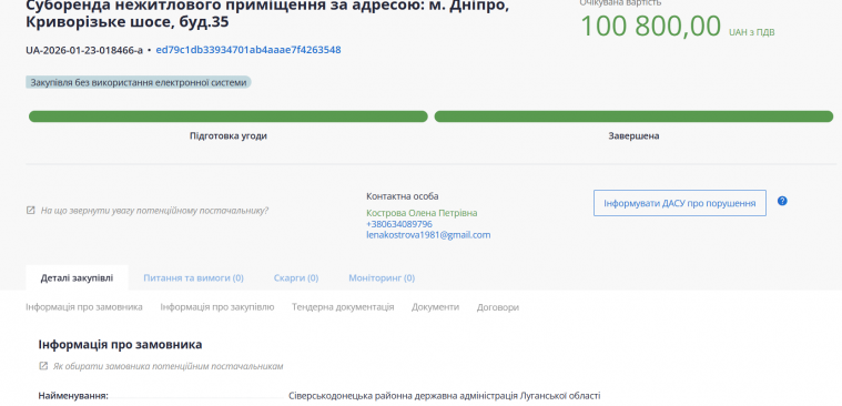  Сіверськодонецька МВА суборендувала приміщення у Дніпрі на суму понад 100 тис. грн.