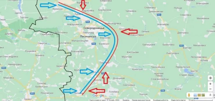 Карта бойових дій на Луганщині. Російські війська (червоний колір) намагаються витіснити ЗСУ (синій колір) до меж Луганської області (чорний колір)