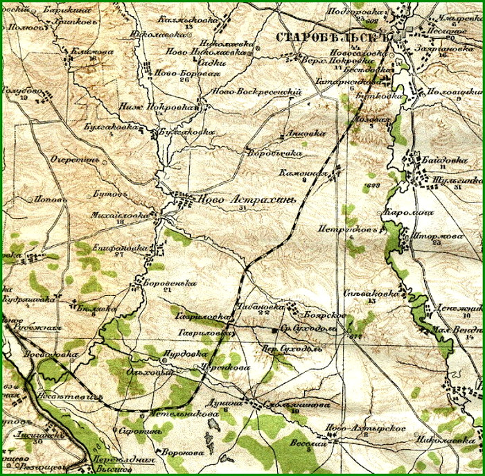 Маршрут залізничної гілки від Рубіжної до Старобільська на карті Стрельбицького 1920-х років.