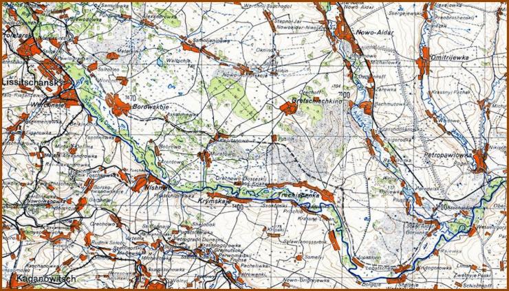 Німецька карта 1942 року із проектом залізниці від Рубіжного до Городньої.